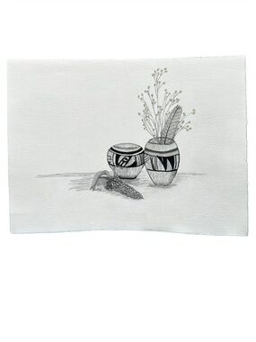 Signed Native American original Hand-Drawn Black & White Pottery Still Life